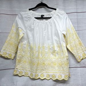 Talbots White Yellow Scoop Scallop Eyelet Embroidered Hem Top size Mp